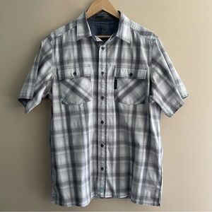COLUMBIA Men Short Sleeve Button Front Shirt Grey Plaid Teal Accents Large #513
